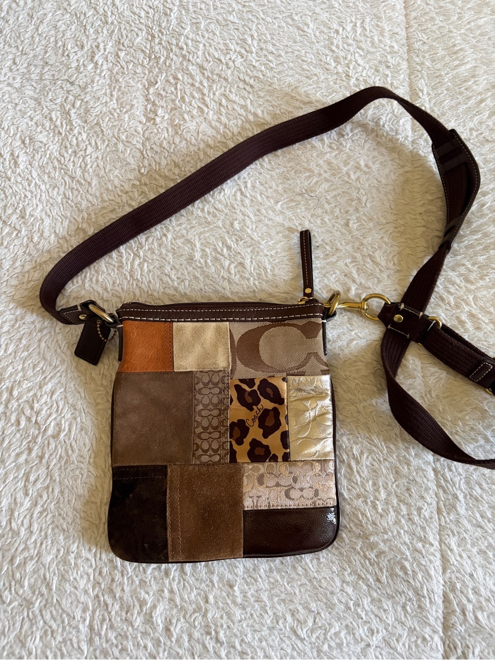 Authentic vintage Coach Patchwork Crossbody Bag in Brown, Tan, Cream